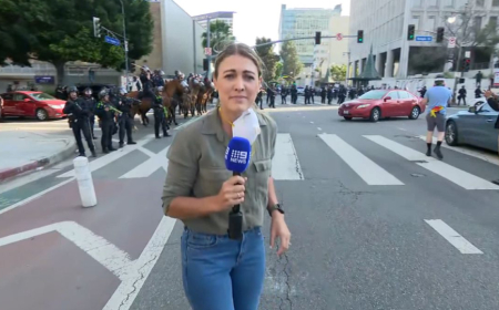 REPÓRTER ATINGIDA POR BALA DE BORRACHA DURANTE ENTRADA EM DIRECTO NOS PROTESTOS EM LOS ANGELES